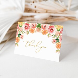 Cartão de agradecimento floral rosa cítrico, cartão de agradecimento principal de noiva, modelo de cartão de notas cítricas, cartão de agradecimento editável para impressão,