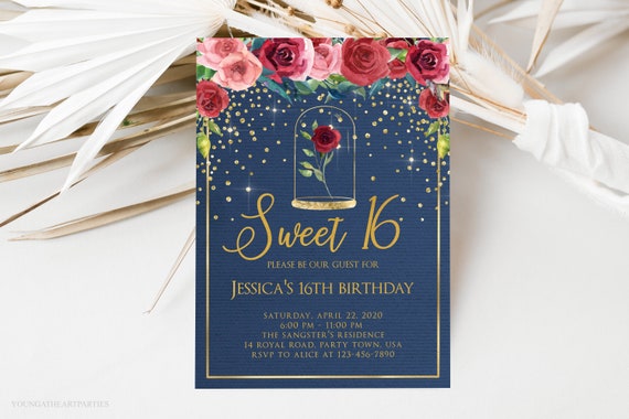 Enchanted Rose Sweet 16 Birthday Invitation, Be Our Guest Sweet Sixteen Invite, Editable Template, Red Roses, Gold Glitter, Royal Blue Il_570xn