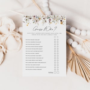 Wildflower Raad eens wie spel, afdrukbare baby shower mama of papa spel, Wildflower baby shower spel, bewerkbaar spel, instant download, DFWF