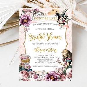 Editable Alice In Wonderland Bridal Shower Invitation, Vintage Bridal Shower Mad Tea Party, DIY Invite, Alice Floral, Pink Gold Printable