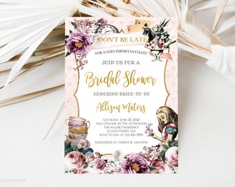 Editable Alice In Wonderland Bridal Shower Invitation, Vintage Bridal Shower Mad Tea Party, DIY Invite, Alice Floral, Pink Gold Printable