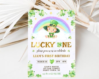 Editable Lucky One Birthday Invitation St. Patrick's 1st Birthday Invite Template Shamrock Rainbow Four Leaf Clover Instant Download