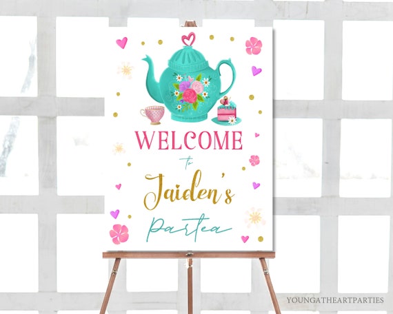 Editable Birthday Tea Party Welcome Sign Template Birthday Par-tea Floral Pink Gold Whimsical Birthday Welcome Sign Tea Party Decor Il_570xn