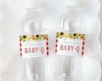 Baby Q Shower Water bottle Label Template, Editable BBQ Baby Shower Water bottle Wrappers, Red BabyQ Water Bottle Sticker Label Template