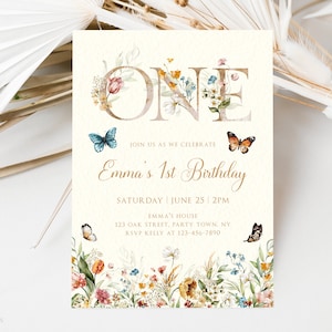 Wildflower First Birthday Invitation Template, Butterflies First Birthday Invitation, Girls Birthday Flower Invitation, Meadow Flowers