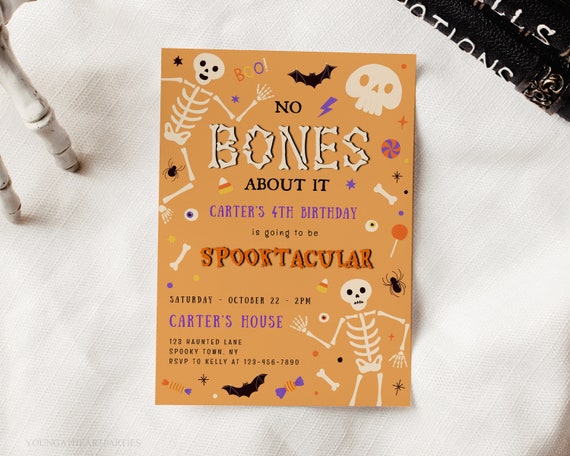 Halloween Birthday Party Invitation Template, No Bones About It Invitation, Spooky Skeleton Party Invite, Retro Classic Halloween, RH02 Il_570xn