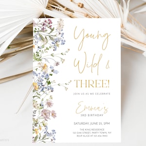 Wildflower Birthday Invitation Template, 3rd Birthday Invitation Girl, Wild and Three, Girls Birthday Invitation, Wildflower Birthday, WMF