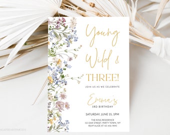 Wildflower Birthday Invitation Template, 3rd Birthday Invitation Girl, Wild and Three, Girls Birthday Invitation, Wildflower Birthday, WMF