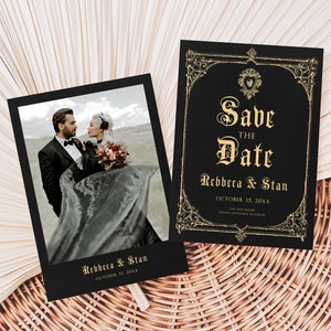 Bearbeitbare Schwarz-Gold-Gothic-Save the Date, gotischer viktorianischer Schädel-Save the Date Card, Halloween-Hochzeits-Save the Date-Fotovorlage, HW