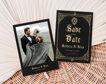 Editable Black and Gold Gothic Save The Date, Gothic Victorian Skull Save the Date Card, Halloween Wedding Save the Date Photo Template, GW