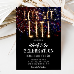 4th of July Fireworks Party Invitation, Independence Day Invite, Let's Get Lit Fourth of July Invitation, Editable Digital Template, Corjl