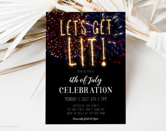 4th of July Fireworks Party Invitation, Independence Day Invite, Let's Get Lit Fourth of July Invitation, Editable Digital Template, Corjl
