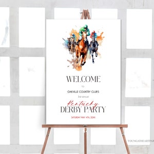 ケンタッキーダービーパーティーのウェルカムサイン、編集可能な競馬パーティーのポスター、競馬ダービーのサインテンプレート、ジョッキーのウェルカムサインの印刷可能
