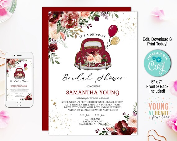 Fall Drive By Bridal Shower Invitation, Dri Thru Bridal Shower, Burgundy Bridal Shower Invitation, Quarantine Bridal Shower, Editable Invite Il_570xn