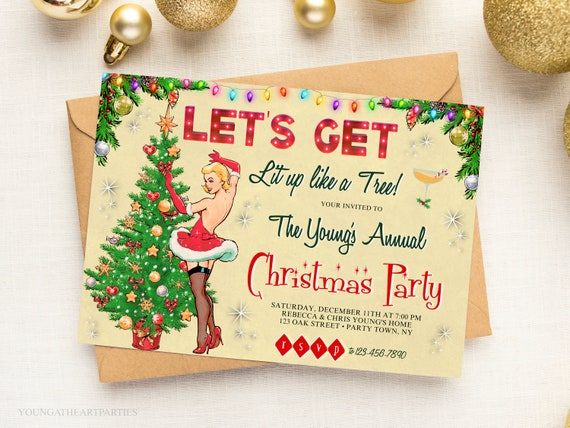 Funny Christmas Party Invite, Retro Christmas Party Invitation, Lets Get Lit, Pin Up Girl, Christmas Cocktail Party, Editable Template by Young at Heart Parties | Catch My Party Funny Christmas Party Invite, Retro Christmas Party Invitation, Lets Get Lit, Pin Up Girl, Christmas Cocktail Party, Editable Template by Young at Heart Parties | Catch My Party