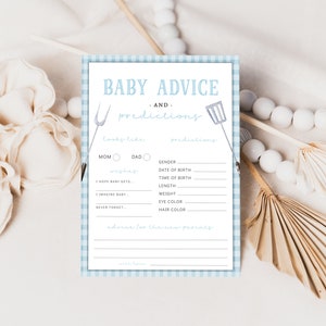 Blue Baby-Q Baby Predictions & Advice Card, Printable Baby BBQ Wishes Baby Shower Game, Backyard Baby Shower Advice Card, Edit with Corjl