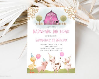 Girl's Farm Birthday Invitation Template, Editable Pink Barnyard Birthday Invite, Farm Animals Birthday Party, Girl Birthday Farm Party