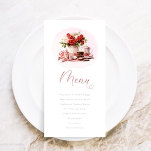 Modelo de menu de festa de chá dos namorados, menu personalizável de festa de chá do dia dos namorados, sinais de festa de chá rosa vermelho, menu de brunch de festa dos namorados, vt1