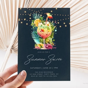 Sommer-Soiree-Cocktailparty-Einladungsvorlage, Erwachsene Hinterhof-Party einladen, Tropische Party, bearbeitbare Sommerterrassen-Partyeinladung