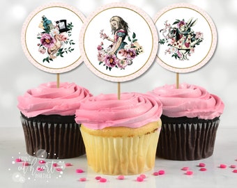Vintage Alice In Wonderland Cupcake Toppers Favor Tags Alice Birthday Party Decor Mad Tea Party Stickers Pink Digital Printable Download