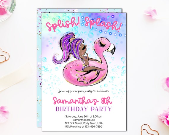 African American Girls Flamingo Floatie Pool Party Invitation, Editable Pool Party Birthday Invitation, Teen Party Invite, Instant Download Il_570xn