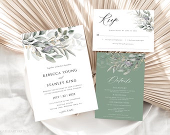 Editable Sage Green Wedding Invitation Suite, Elegant Minimal Greenery Wedding Set Template, Boho Eucalyptus Wedding Invite Bundle, SGW