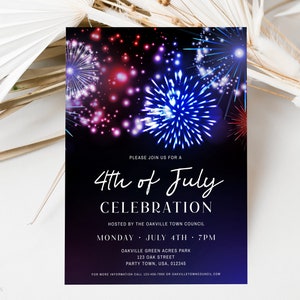 Modèle d'invitation à la fête des feux d'artifice du 4 juillet, invitation à la fête de l'indépendance modifiable, invitation au jour du souvenir, dépliant de quartier du 4 juillet
