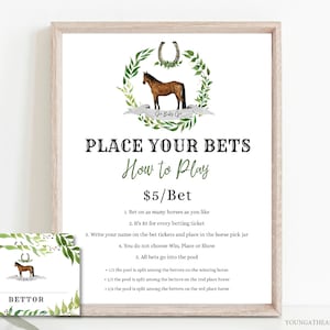 Weddenbord paardenrace met sjabloon wedstrookjes, bewerkbare Derby-weddenschapsspel, Kentucky Derby-weddenschap, bewerkbaar digitaal bestand