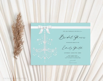 White Bow with Aqua Blue Invitation, Audrey Hepburn Breakfast At Inspired Invitation, Customizable Bride & Co. Invitation Template, BTD