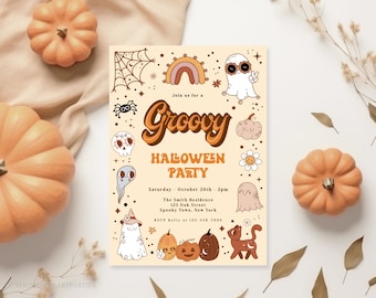 Orange Brown Retro Groovy Halloween Party Invitation, 70's Themed Halloween Party Invite, Invitation Template, Kids Halloween Party Invite