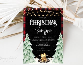 Christmas Bonfire Invitation Template, Editable Backyard Winter Holiday Party Invite, Rustic Christmas Campfire Invite, Printable Invitation