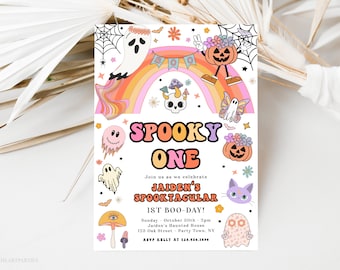 Groovy Spooky 1st Birthday Invitation, Editable Spooky One Girl's Birthday Invite, Retro Groovy Rainbow Ghost Birthday Hippie Party, Corjl