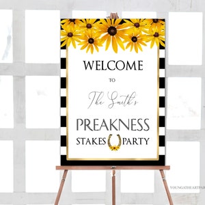 Plantilla de cartel de bienvenida para fiesta de Preakness Stakes, cartel de fiesta de Derby, Susan de ojos negros, herradura dorada, fondo rayado, cartel elegante de Derby