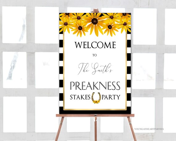 Preakness Stakes Party Welcome Sign Template, Derby Party Poster, Black Eyed Susan, Golden Horseshoe, Striped Background, Elegant Derby Sign Il_570xn