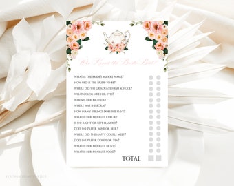 Who Knows the Bride Best Shower Game, Printable Tea Party Bridal Shower Game, Blush Pink Floral Bridal Game, Editable Template, PPFT