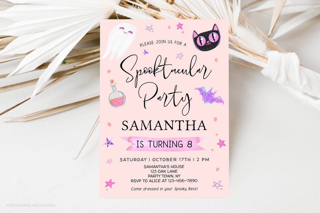 Pink Halloween Birthday Invitation Template, Editable Girly Halloween