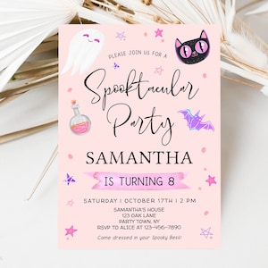 Pink Halloween Birthday Invitation Template, Editable Girly Halloween Birthday Party Invite, Pastel Pink Halloween Party, PH02