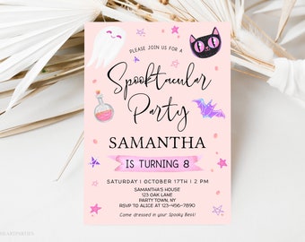 Pink Halloween Birthday Invitation Template, Editable Girly Halloween Birthday Party Invite, Pastel Pink Halloween Party, PH02