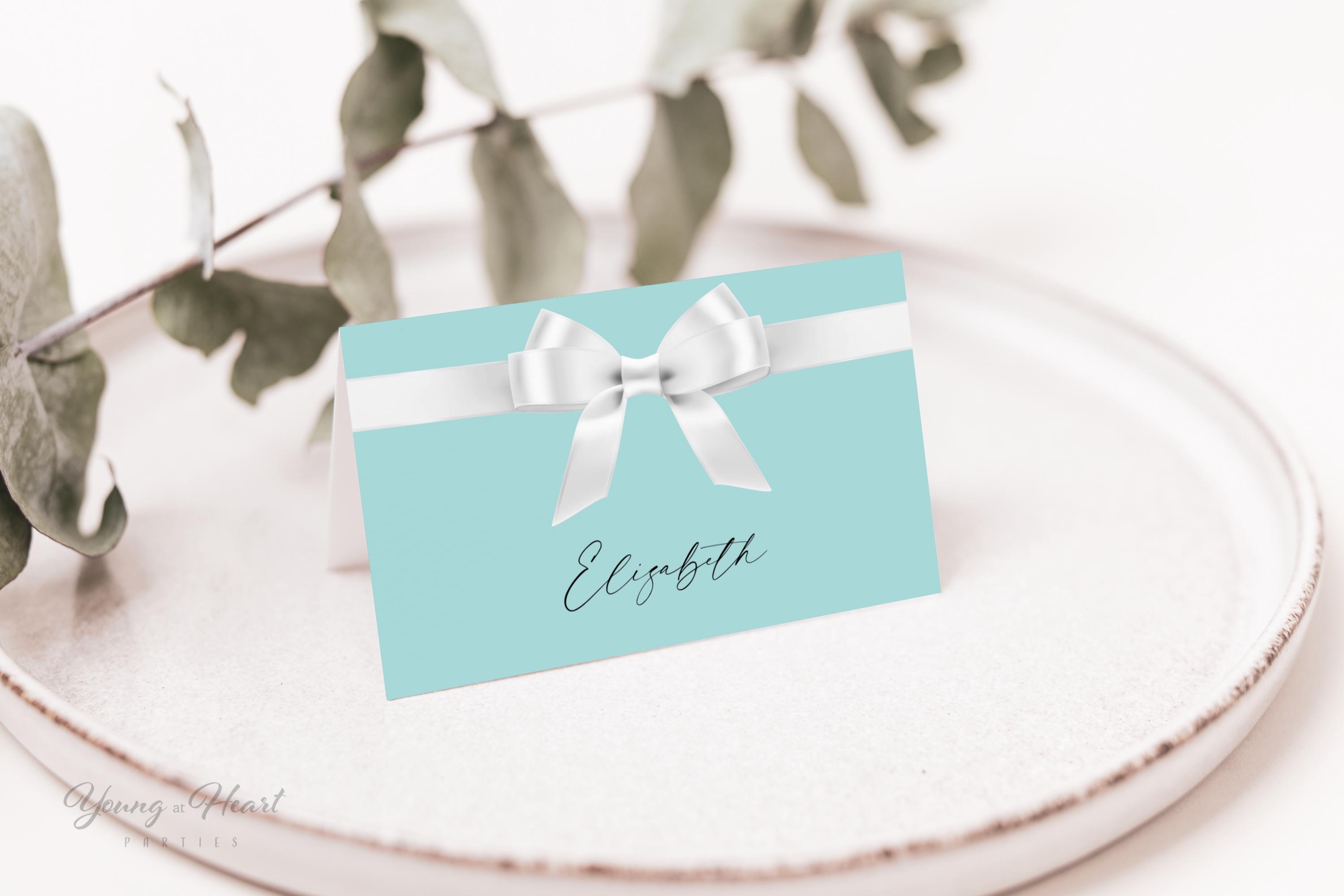 Bride and Co. Place Card Template, Breakfast at Theme Tent Cards, White Satin Ribbon with Aqua Blue Place Cards, Food Tent Cards, BTD