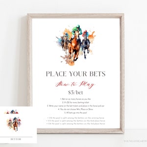 Cartello per le scommesse sulle corse di derby con modello di schedine, gioco di scommesse sul cavallo da fantino modificabile, pool di scommesse sul Kentucky Derby, file digitale modificabile
