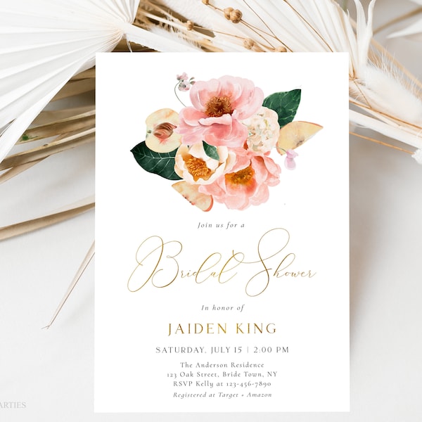 Floral Peach Bridal Shower Invitation Template, Editable Garden Peaches Fruit Bridal Shower Invite, Georgia Peach Bridal Shower Evite, FPBS