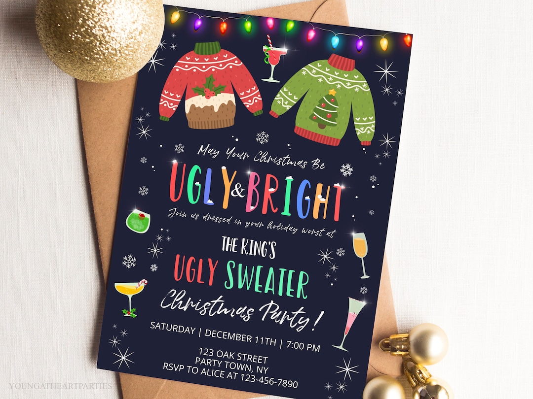 Editable Ugly Sweater Party Invitation Christmas Ugly & Bright Sweater Invite Ugly Sweater Party 