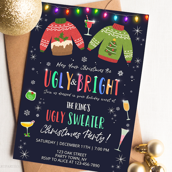 Bearbeitbare Ugly Sweater Party Einladung Weihnachten Ugly & Bright Sweater Invite Ugly Sweater Party Ugly Sweater Party Corjl Instant Download