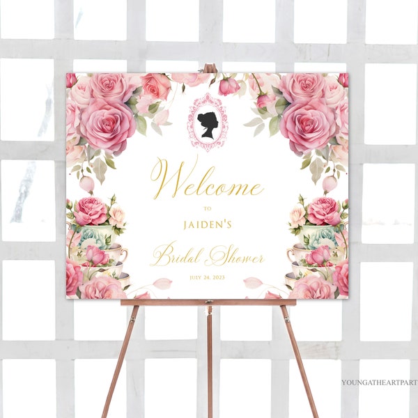 Victorian High Tea Welcome Sign, Editable Pink Roses Tea Party Bridal Shower Welcome, Pink Cameo Silhouette Welcome Poster Template, PKC