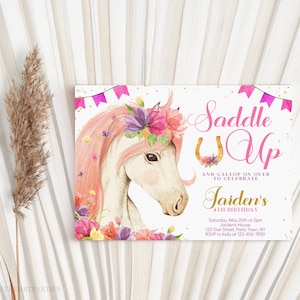 Horse Birthday Invitation Template, Girl Saddle Up Watercolor Cowgirl Party Invite, Pink Floral Western Invitation Download, Corjl Invite