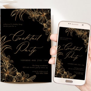 Modern Tropical Cocktail Party Invitation Template, Minimalist Black and Gold Cocktail Party Invite, Adult Summer Party, Text Invitation