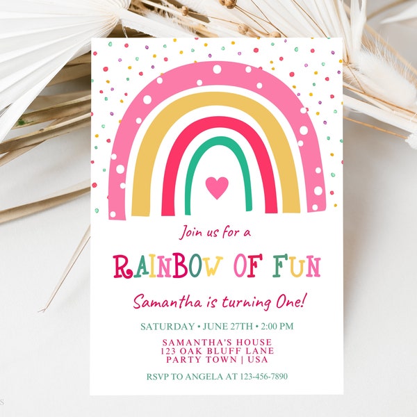 Rainbow Birthday Invitation, Girls Rainbow Birthday Party, Colorful Rainbow of Fun Party, Instant Download, Editable Template