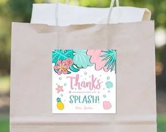 Pastel Pink Tropical Pool Party Favor Tag Template, Girls Pool Birthday Party Square Thank You Tags, Splish Splash Pool Party Gift Tags