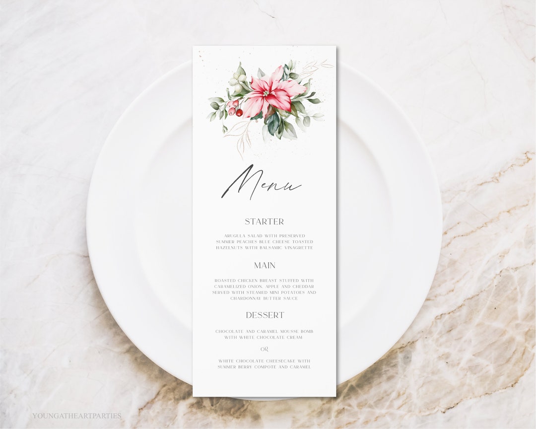 Delicate Poinsettia Menu Template, Editable Christmas Dinner Menu Card ...