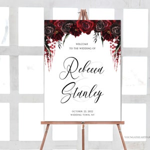 Gothic Wedding Welcome Sign Template, Editable Halloween Wedding Welcome Sign, Wedding Welcome Poster, Red and Black Roses, HBS01